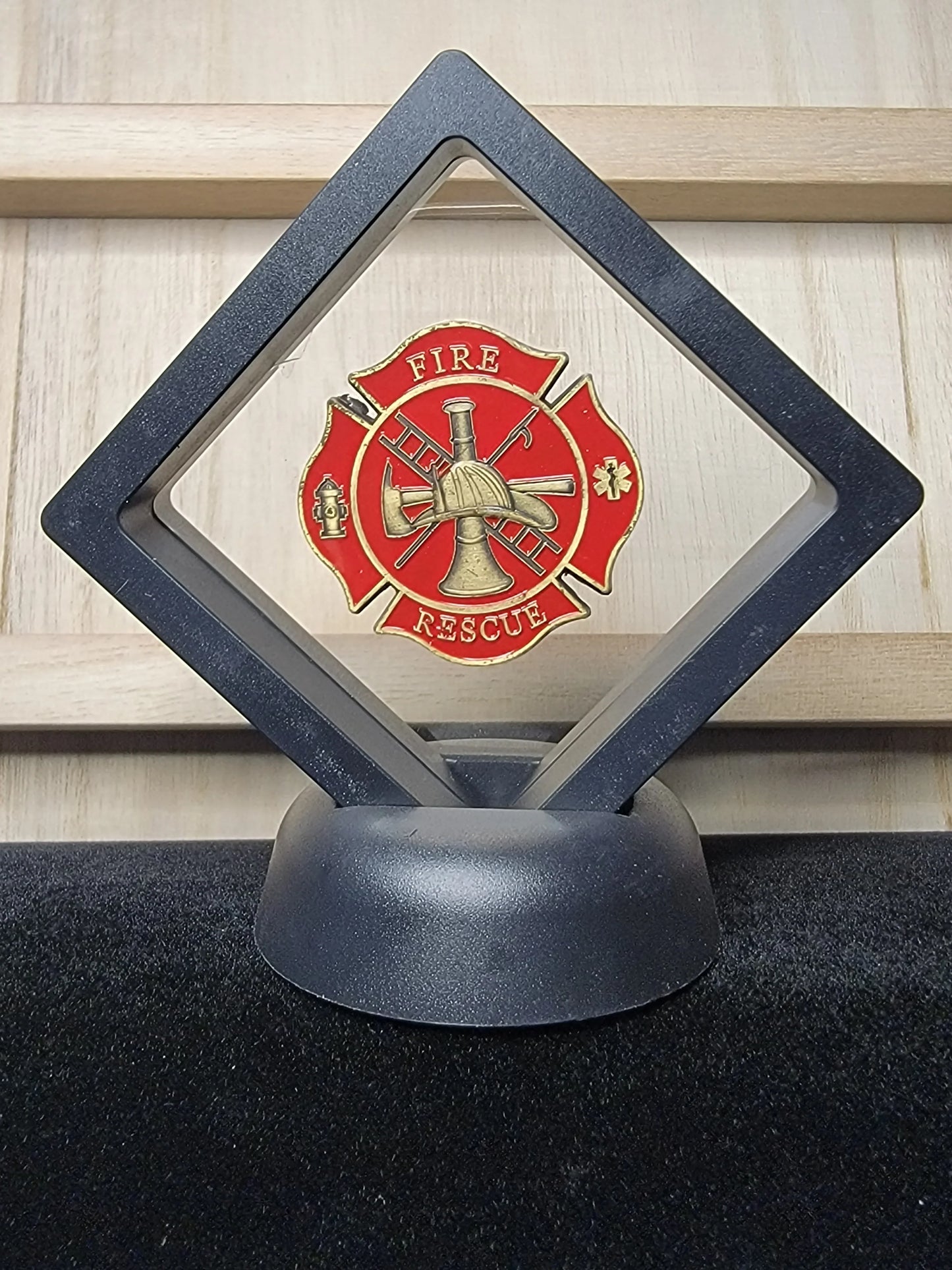 Firefighter Maltese Cross USA Challenge Coin in a Floating Display Case