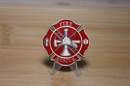 Firefighter Maltese Cross USA Challenge Coin in a Floating Display Case